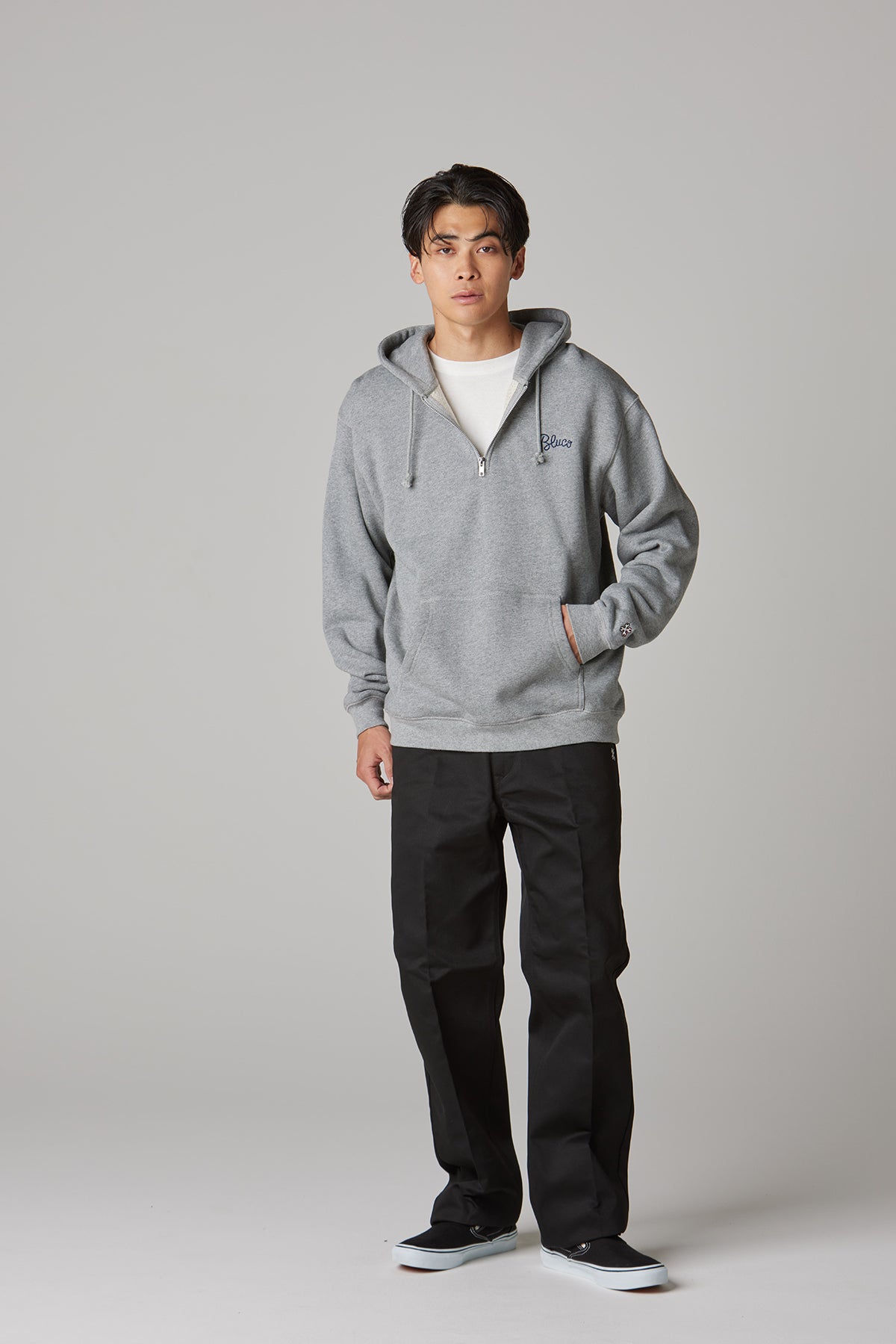 HEAVY PILE  SWEAT HALF ZIP HOODIE -EMB-