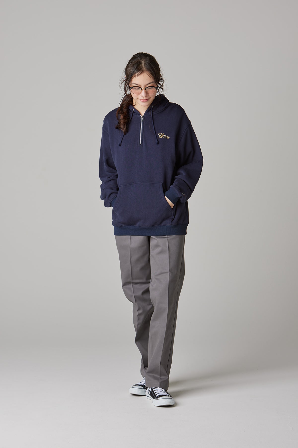 HEAVY PILE  SWEAT HALF ZIP HOODIE -EMB-